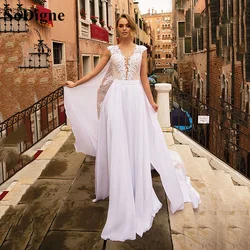 Sumnus Beach Boho Wedding Gowns With Cloak 2022 O Neck Lace Appliques Chiffon Wedding Party Bridal Dress