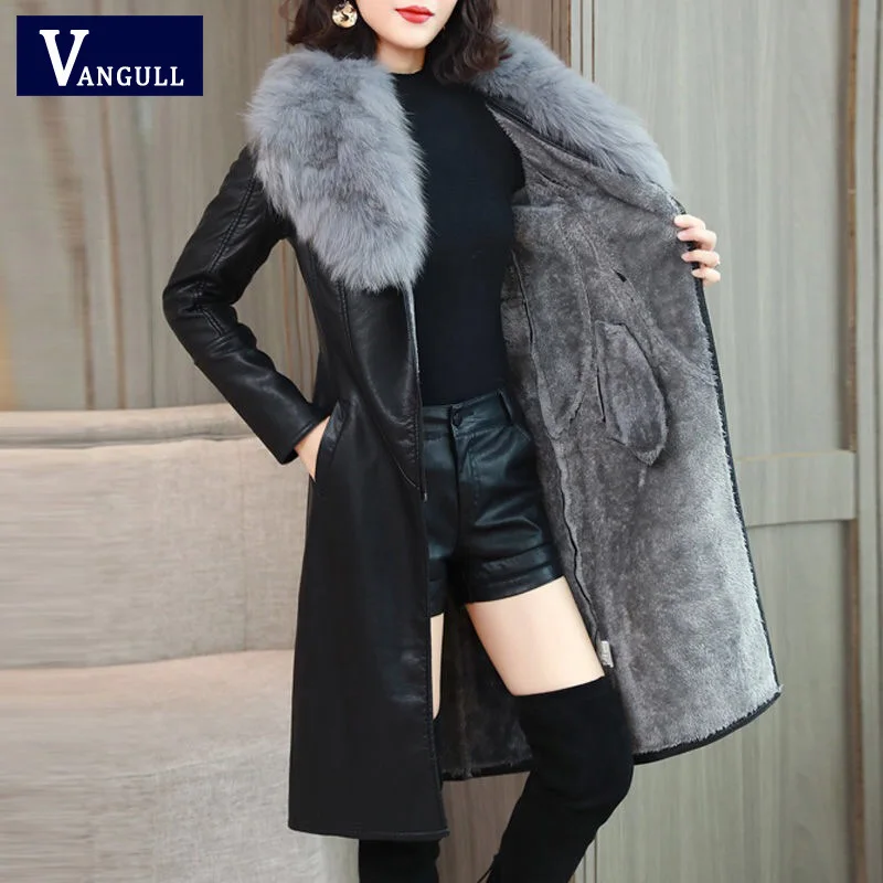 Online Vangull frauen Leder Jacke für Winter 2019 Neue Plus Samt Warme Dünne Große Pelz Kragen Lange Leder Mantel Weibliche oberbekleidung M 4XL