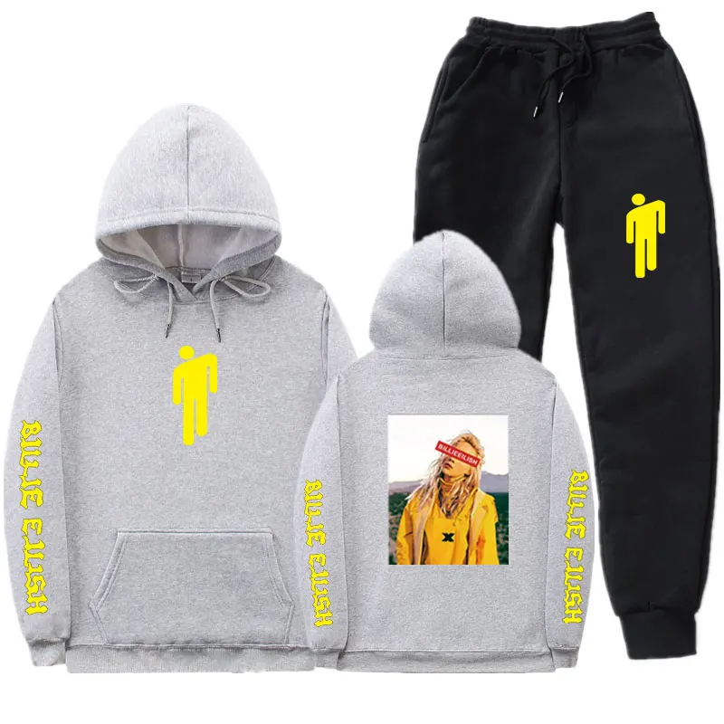 Gray WT532 Billie Eilish толстовки наборы спортивный костюм для мужчин с капюшоном Мужские повседневные осенние зимние теплые толстовки спортивные штаны набор для мужчин и женщин хип-хоп костюм - Цвет: Gray WT532