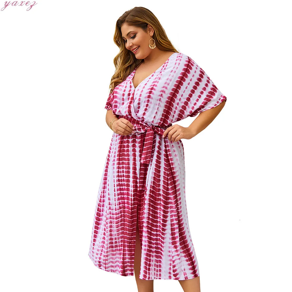 Fashion Summer Vacation Dress Deep V-neck Sexy Tie Dye Leisure Dress Elegant Vintage Short Sleeve Loose Dress