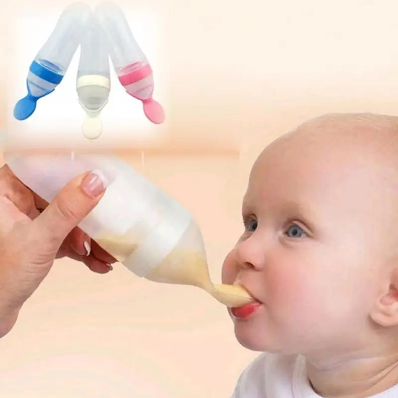 

Silicone Baby Feeding Bottle With Spoon Food Supplement Rice Cereal Bottle Baby Squeeze Spoon Silica Gel Spoon