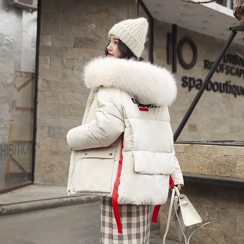 Бежевый Модная женская зимняя куртка с буквенным дизайном, с хлопковой подкладкой, теплая, с большим меховым воротником, женские короткие пальто, парка, женские куртки - Цвет: Бежевый