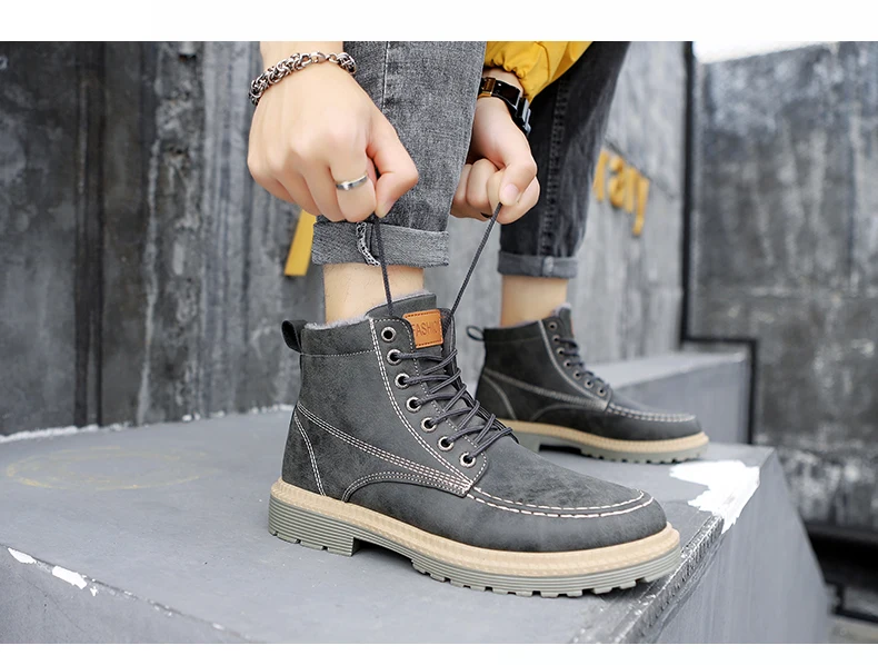 Vertive Snow Boots Men Winter Plush Warm Men Motorcycle Boots Lace-Up Male Ankle Boots Waterproof Autumn Man Work Shoes