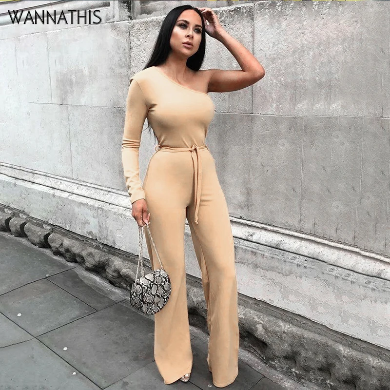 

WannaThis One Shoulder Jumpsuit Long Sleeve Slim Wide Leg Pants Autumn Apricot Elegant Casual Bow Bandage Laceup Ladies Playsuit