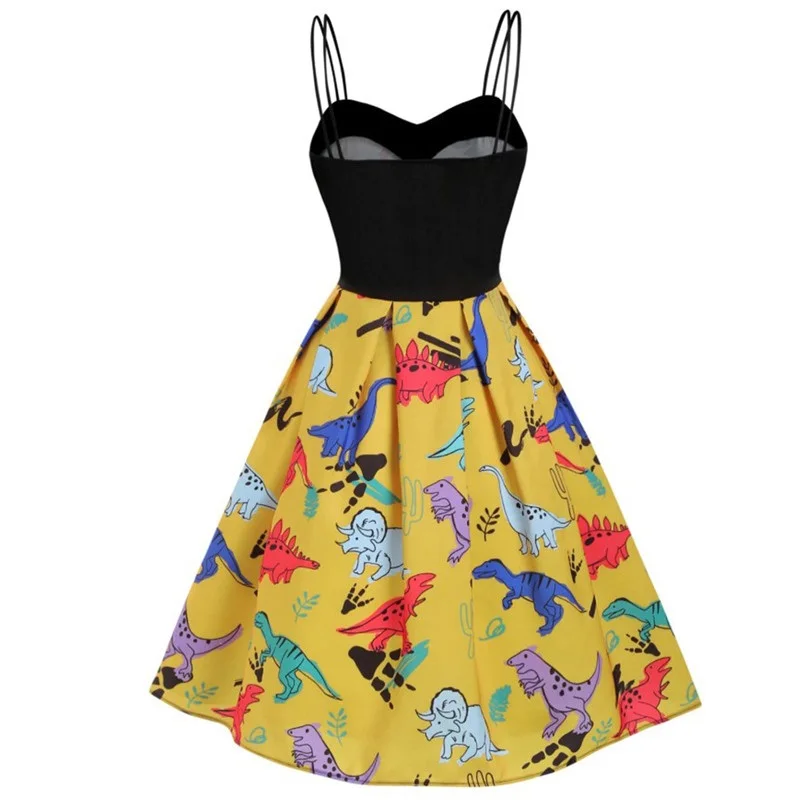 Vintage Print Spaghetti Strap High Waist Pleated Pin Up Swing Dress