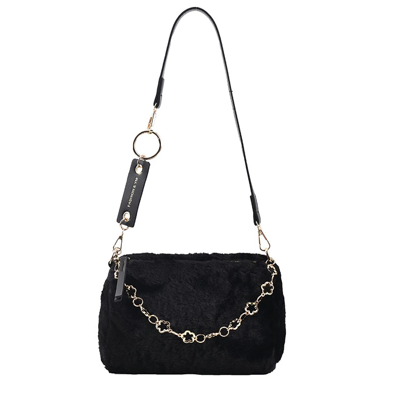 Black Fluffy Bags For Women 2021 Solid Plush Tote Bags Soft Furry Luxury Designer Handbag Korean Fashion Faux Fur Shoulder Bags