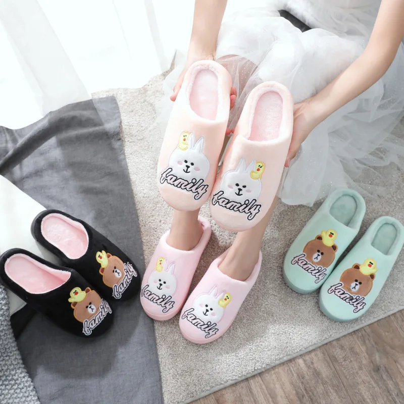 

2019 New Style Hill-Bear Warm Women's Cotton Slippers Bear Bunny Simple Korean-style Anti-slip Wearable Home Slippers