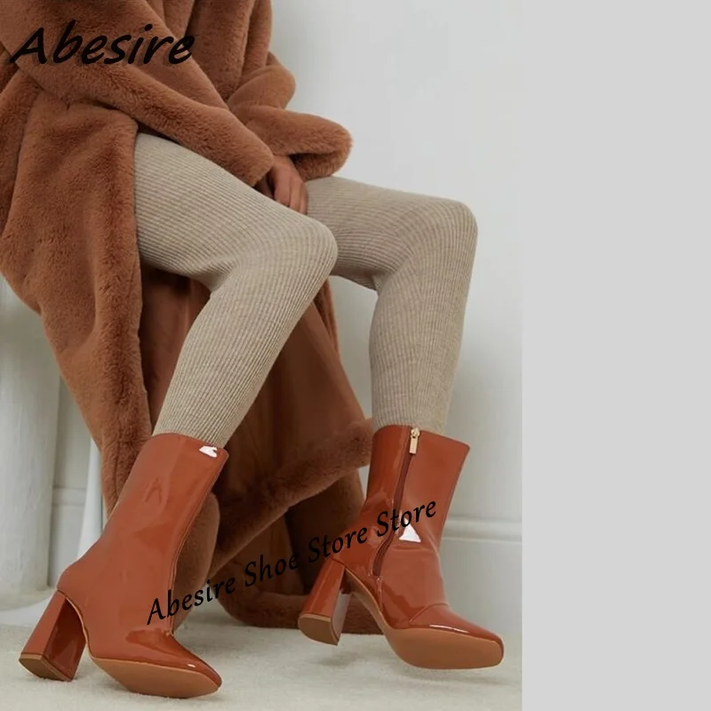 

Abesire Short Boots Concise Mid Calf Square Toe Boots Patent Leather Chunky High Heel Women Boots Solid New Autumn Winter Shoes