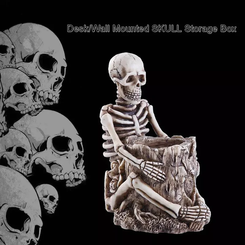 

Resin 3D Skull Storage Box Figurine Skeleton Makeup Pen Holder Flower Pot Home Office Organizer Stationery Container Flowerpot