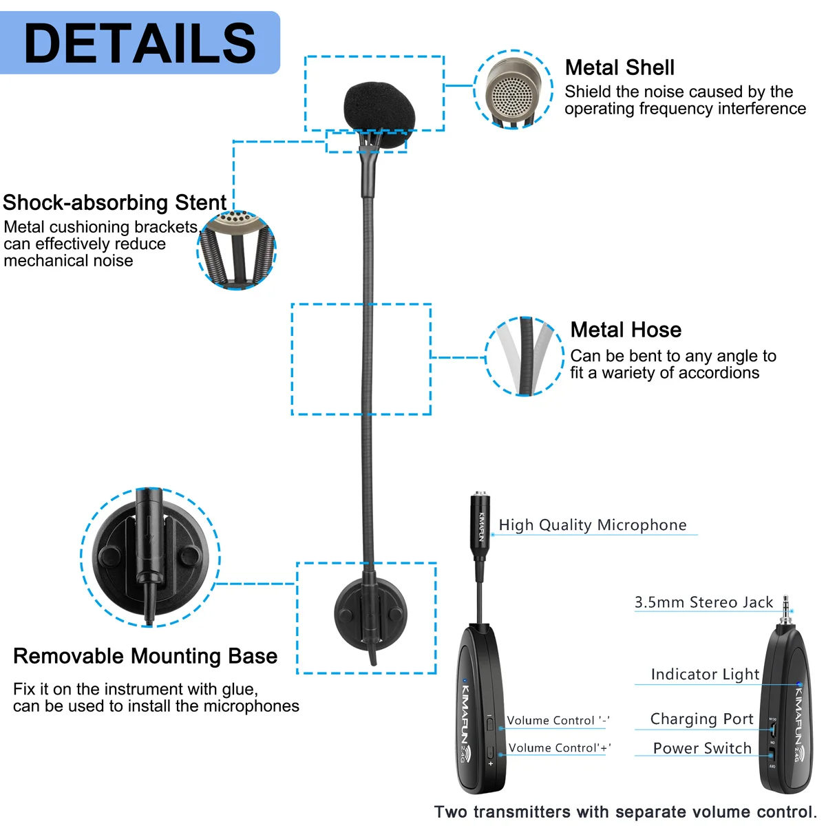 KIMAFUN 2.4G Wireless Microphone Dual Accordion Mic Musical Instrument Condenser High Fidelity Voice Microphone for Accordion