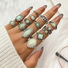 IFME Vintage Antique Silver kolorowe pierścienie zestawy kolorowe Opal kryształowy kamień Carve dla kobiet mężczyzn czeski biżuteria tanie tanio CN (pochodzenie) Ze stopu cynku Kobiety Metal TRENDY Obrączki ślubne GEOMETRIC Zgodna ze wszystkimi Rings Set 12795 Wnęka pierścienia