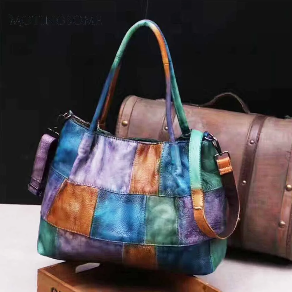 

Colorful Handmade Retro Women Genuine Leather Tote Bag Real Natural Leather Bag Top Quality Shopper Bags Luxury Bag 2020 New