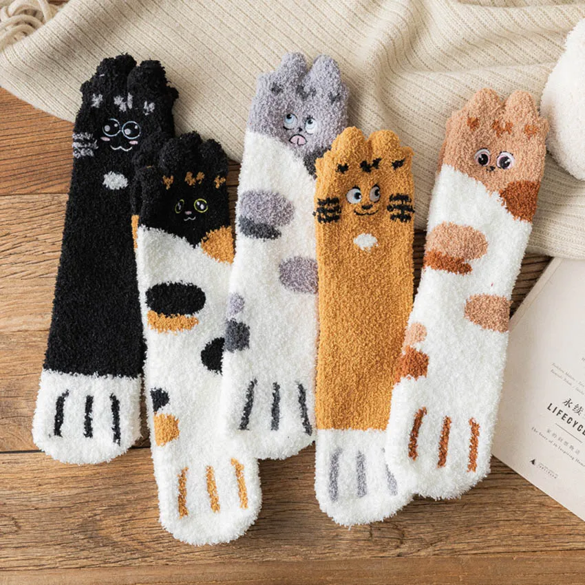 

3 Pairs Winter Cute Cat Paw Cartoon Animals Pattern Cotton Woman Floor Socks Gifts For Ladies Crew Sox With Very Fast Shipping