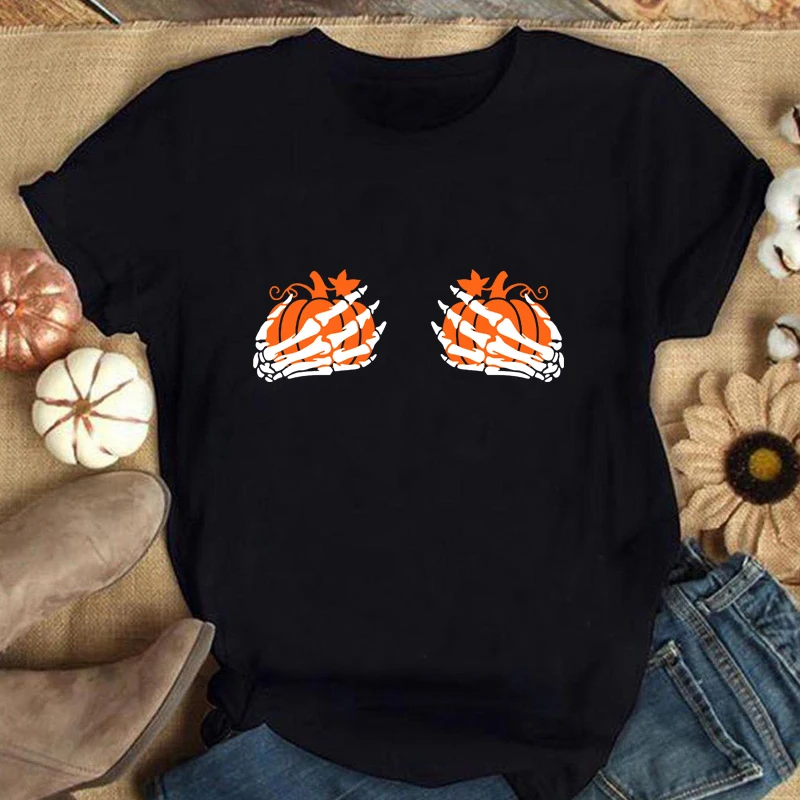 

Colored Pumpkin Boobies T-shirt Aesthetic Skeleton Halloween Party Tshirt Spooky Women Graphic Thanksgiving Fall Tee Top