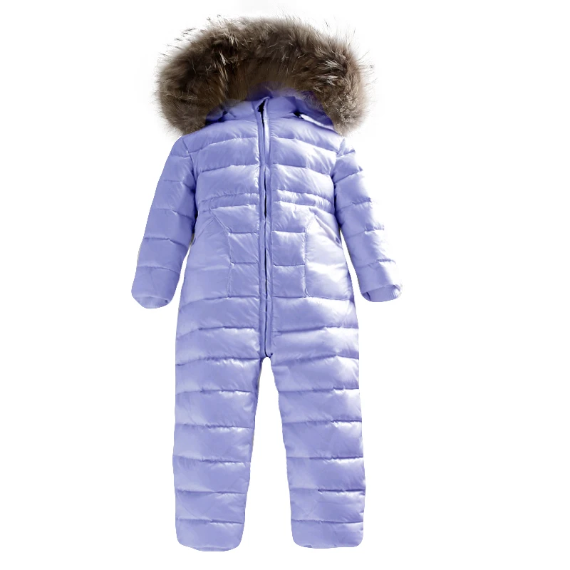 

-30 Degrees Russian Winter Girls Boys 2-5Y Winter Overalls Baby Rompers Duck Down Jumpsuit Real Fur Collar Children Outerwear