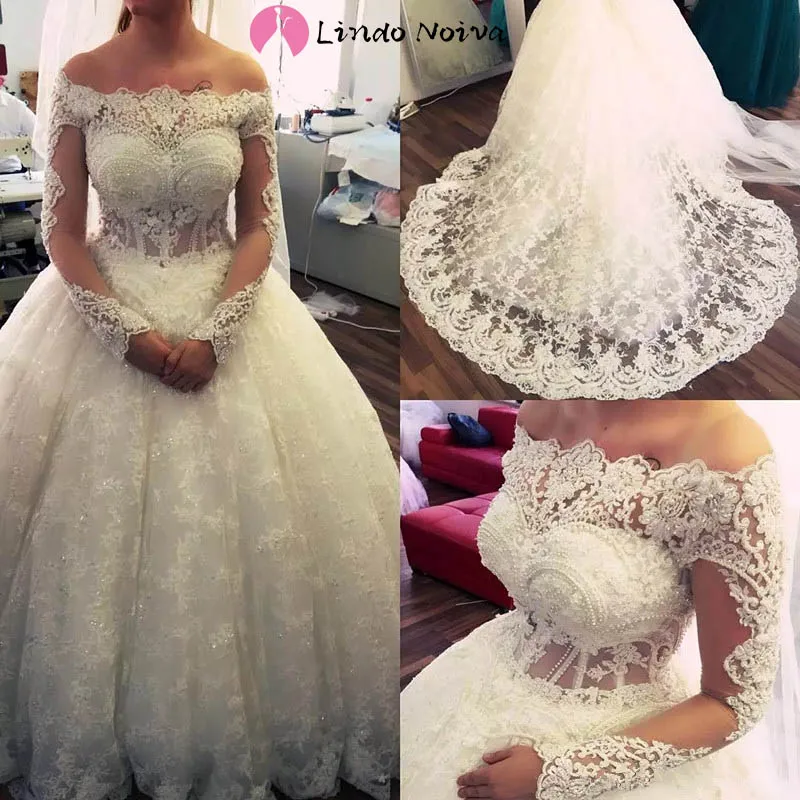 Vestido De Noiva Роскошные Одежда с длинным рукавом, кружевное платье принцессы, Свадебные и Бальные платья на шнуровке с жемчугом украшенное бисером свадебное платье Vestido De Noiva