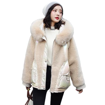 

Winter Parka Women Short Cotton Jacket Flocking Thicken Hooded Outerwear Students Warm Glossy Loose Big fur collar Parkas A3016