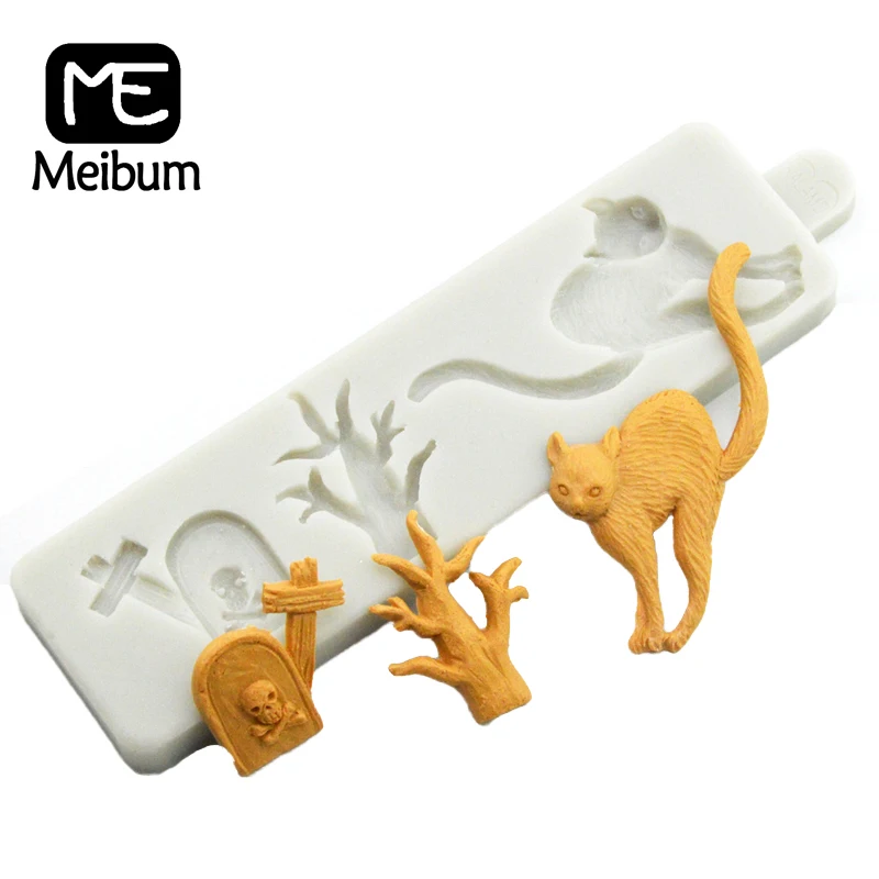 Meibum Halloween Tombstone Black Cat Witch Silicone Fondant Cake Mold Biscuits Chocolate Candy Sugar Craft Decorating Mould |