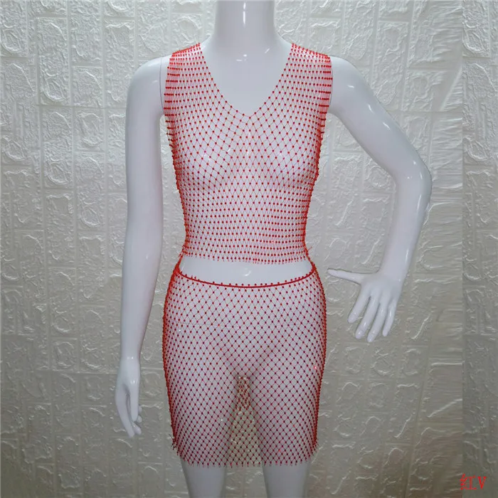 Red V-neck Блестящие Кристальные Стразы, женская одежда, сетчатые Прозрачные топы, клетчатые сексуальные мини юбки, летний комплект из 2 предметов, Клубные, трендовые - Цвет: Red V-neck