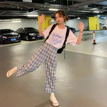 

Fashion suit female spring and summer new white retro printed loose T-shirt + high waist plaid casual pants two-piece suit