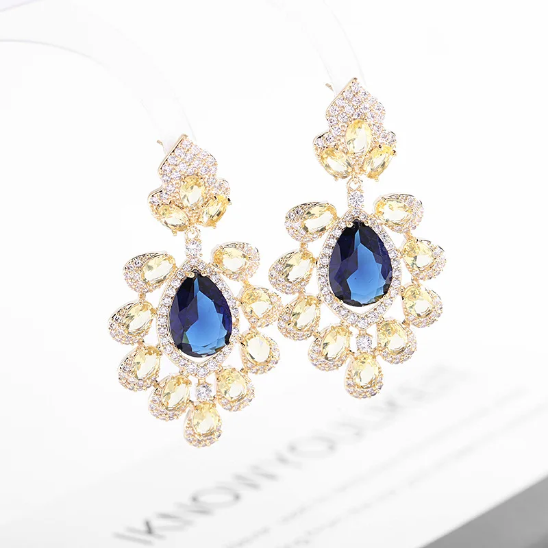 European and American Temperament Colorful Flower Dangle Jewelry Copper Gold-Plated Brand Jewelry Women Fashion Crystal Earring