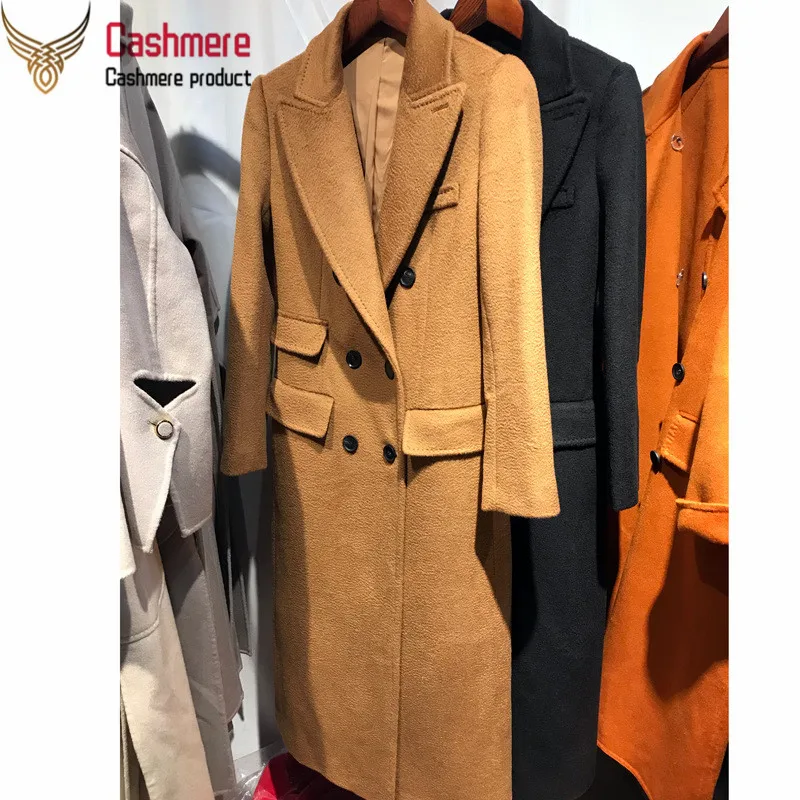 Двустороннее шерстяное Женское пальто с волнистой поверхностью, Осень-зима, шерстяное пальто средней длины, двубортное Черное Женское пальто с отворотом