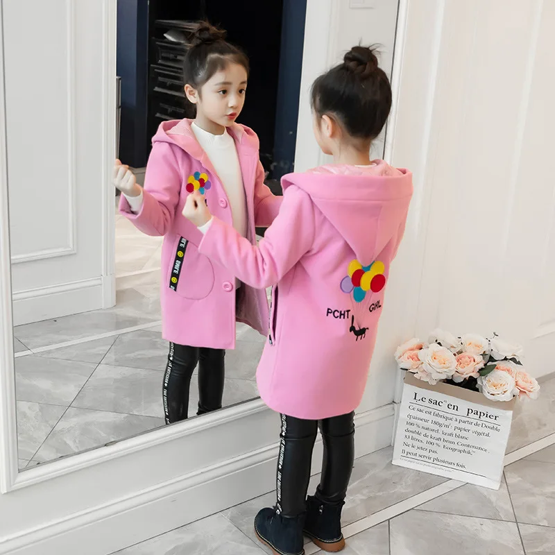 pink Детское зимнее пальто для девочек, новое модное шерстяное пальто для девочек-подростков, осенняя куртка, теплая длинная верхняя одежда, детская ветрозащитная одежда - Цвет: pink