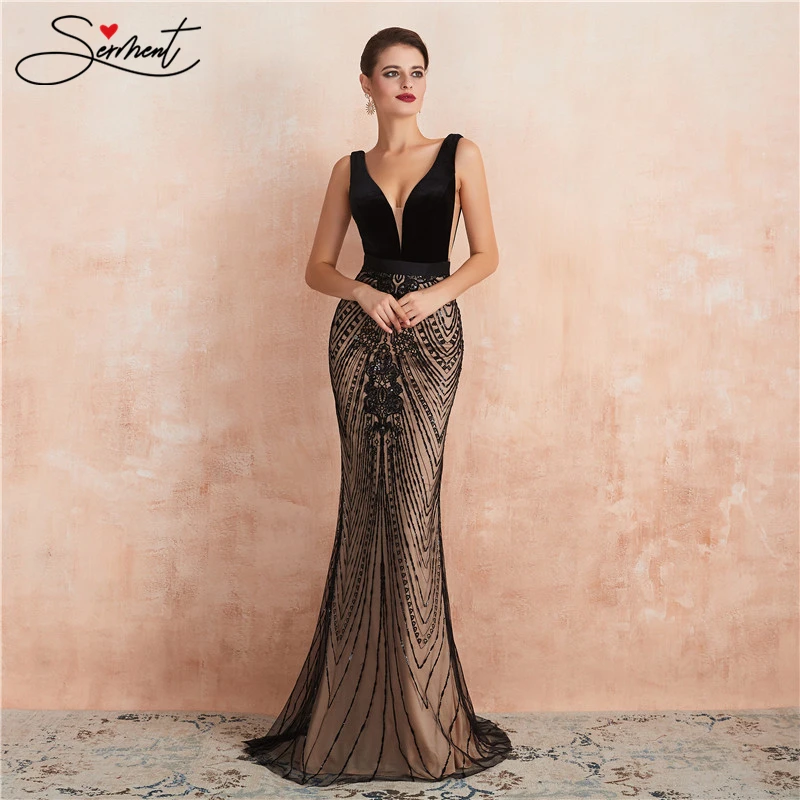 Сермент роскошное длинное вечернее платье русалки кружевное с v-образным вырезом подходит для всех высококлассных особых случаев сексуальное черное тонкое платье размера плюс