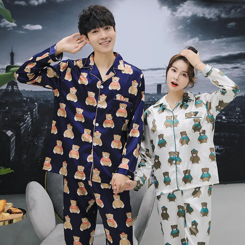 

Japanese-style Cute Teddy Bear Long Sleeve Couples Pajamas Autumn Casual Cardigan Model Silk INS Home Wear 2 Pieces