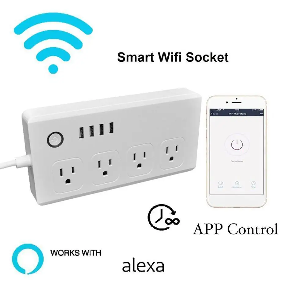 

US Wifi Smart outlet Multi Plug Strip Surge Protector 4 Power Socket Wireless Controls remote control with 1.5m line 110V-240V