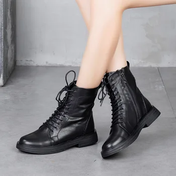

Ankle Boots Women Leather Autumn Shoes For Women Low Heels Black 100Martins Boots Handmade Genuine Leather Soft Knight Boots2020