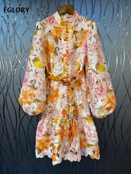 

Hollow Out Embroidery Dress 2020 Spring Style Women Stand Neck Colorful Flower Print Lantern Sleeve Tunic Buttons Vintage Dress