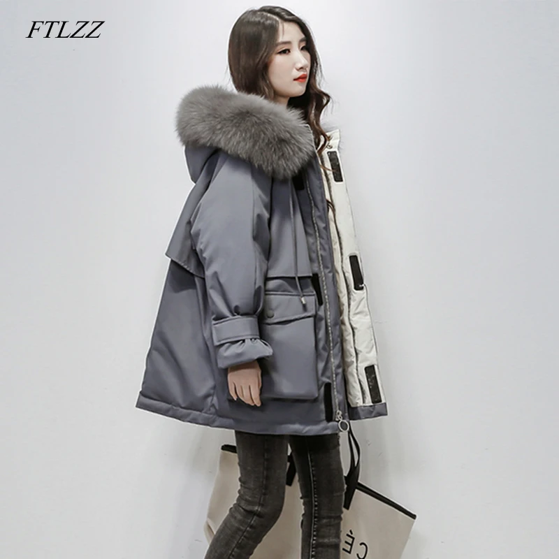 

FTLZZ 2019 Winter Women Real Natural Fox Fur Hooded Down Loose Coat Parka Female Thick Warm White Duck Down Oversize Jacket