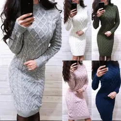 Moda feminina manga comprida camisola de malha pullovers camisola vestido de cor sólida quente vestido de camisola longa plus size