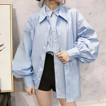 

DEAT 2020 new double turn-down collar single breasted blue shirt spring and summer fashion female blouse WL70405L