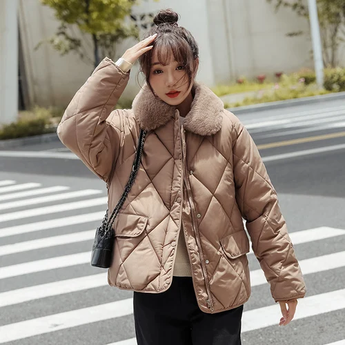 

Plaid Puffer Jacket Female Korean Causal Solid Warm Parkas Ladies Outwear Women Loose Lamb Wool Cotton Padded Coat Winter New