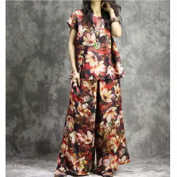 

National Style Vintage Printed Two Piece Suits 2020 Summer New Short Sleeves T-shirt + Wide Leg Pants Womens Loose Casual Suits