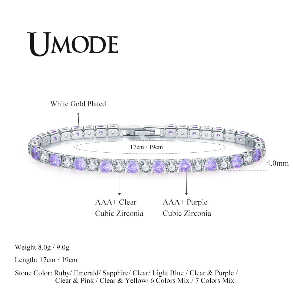 UMODE Свадебные теннисные браслеты для женщин Femme фиолетовый кубический цирконий роскошный браслет дизайнерские ювелирные изделия Аксессуары для девочек UB0097F