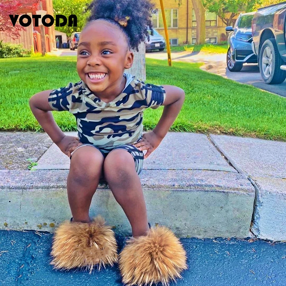 

Kids Fur Slippers Fluffy Raccoon Fur Slides Fluffy Real Fox Fur Flip Flops Children's Lacing Open-toe Sandals Cute Rainbow Shoes