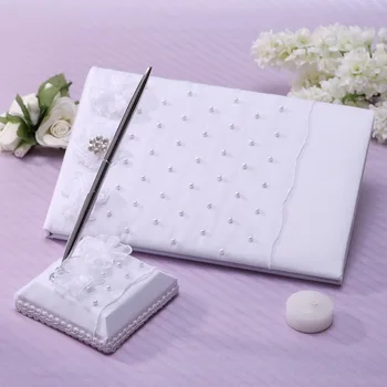 

Satin Garden Theme Faux Wedding Guestbook & Pen Set with Pearl Rhinestones