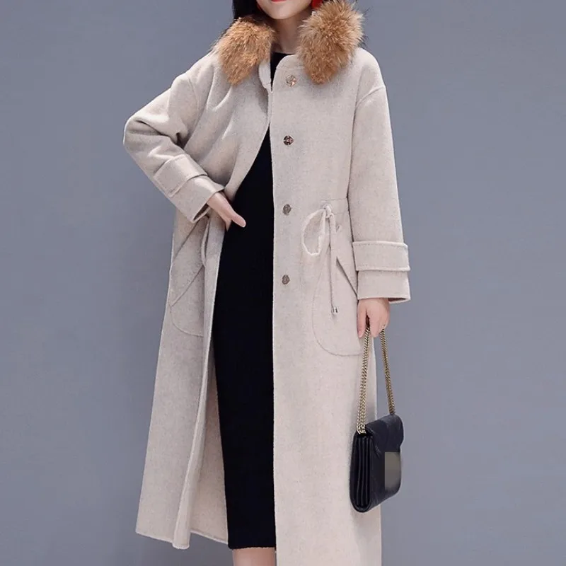 Брендовое элегантное шерстяное женское осеннее пальто зимнее однобортное с меховым воротником тонкое пальто подиумная офисная длинная куртка женская M-2XL