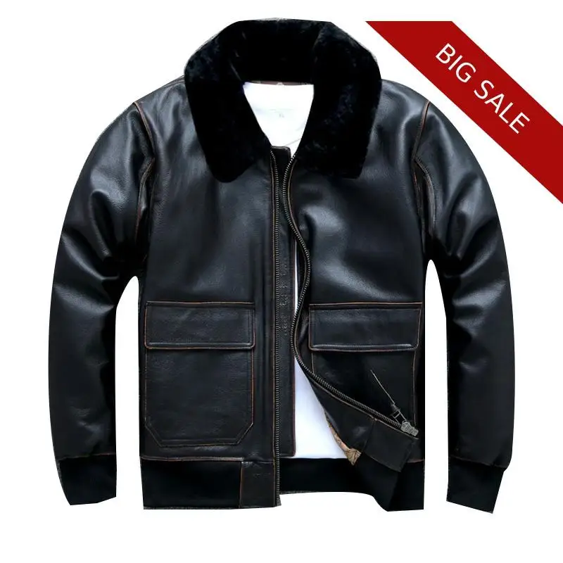 

2020 Vintage Black Men USAF A2 Pilot Leather Jacket Plus Size XXXXL Wool Collar Genuine Cowhide Autumn Military Aviator Coat