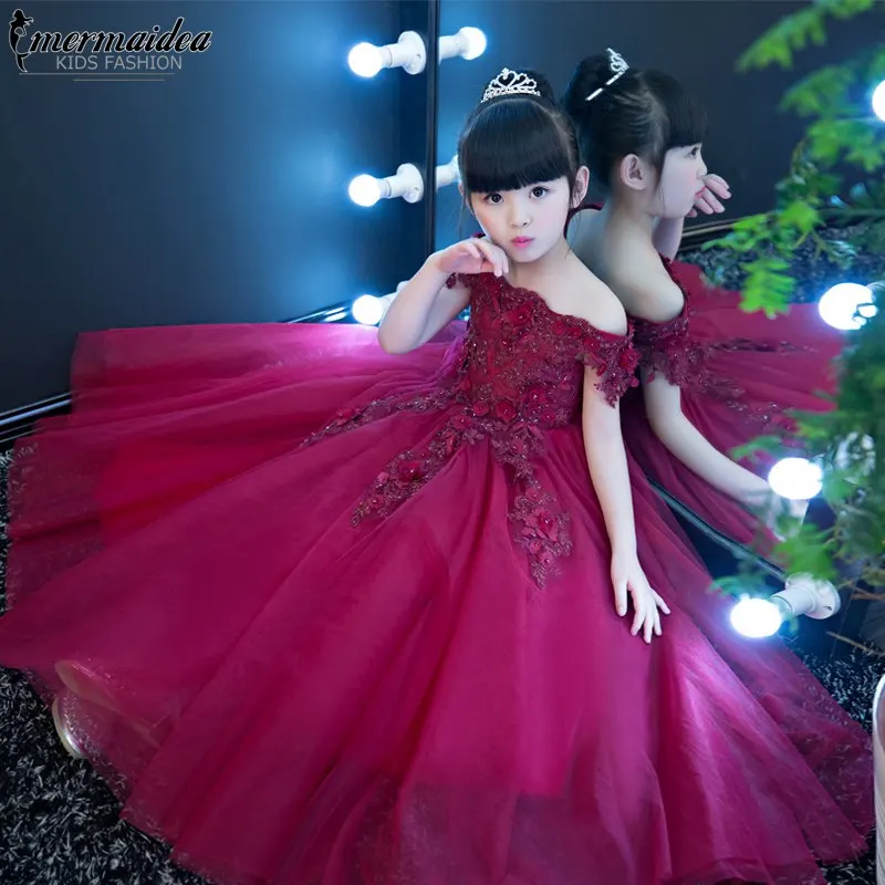 Новинка; популярное длинное платье принцессы с вышитыми цветами для девочек; цвет винный, красный; детское кружевное платье принцессы на свадьбу; подарок