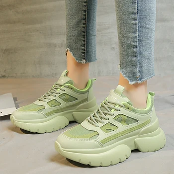 

Rimocy Green Chunky Platform Sneakers Women 2020 Spring Casual Lace Up Wedges Shoes Woman Breathable Mesh Vulcanized Shoes Mujer