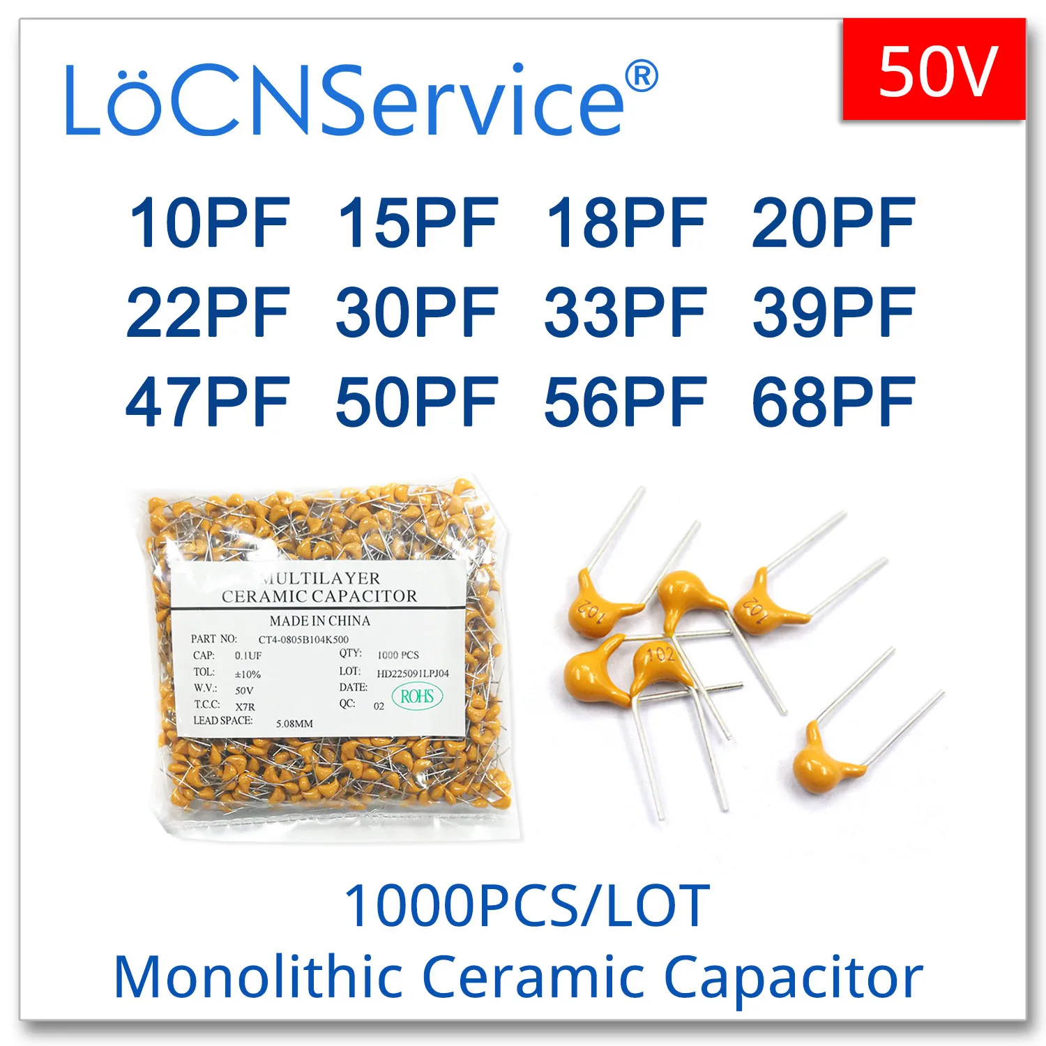 LoCNService 50 в 1000 шт. монолитный керамический конденсатор 10PF 15PF 18PF 20PF 22PF 30PF 33PF 39PF 47PF 50PF