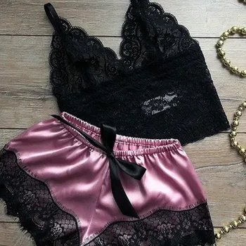 

QWEEK Womens Pajamas Sleepwear Sexy Lace Lingerie Summer Thin Pyjamas Women Set Sexy V-neck Backless Pijamas Female Dropshipping