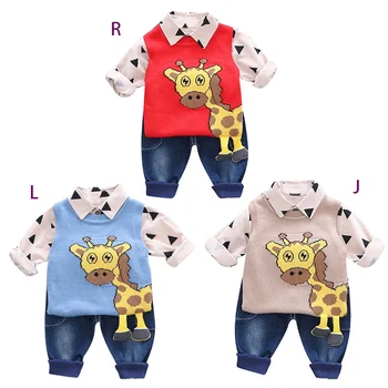 

2019 Autumn Baby Cute Boy Long Sleeve Geometric Print T-shirt Sleeveless Deer Sweater Denim Trousers Casual Outfits