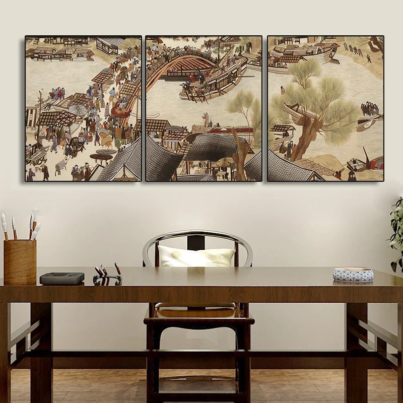 Laeacco Chinese Oil Painting Canvas Along the River During Qingming Festival Posters and Prints Classic Wall Pictures Home Decor | Дом и сад