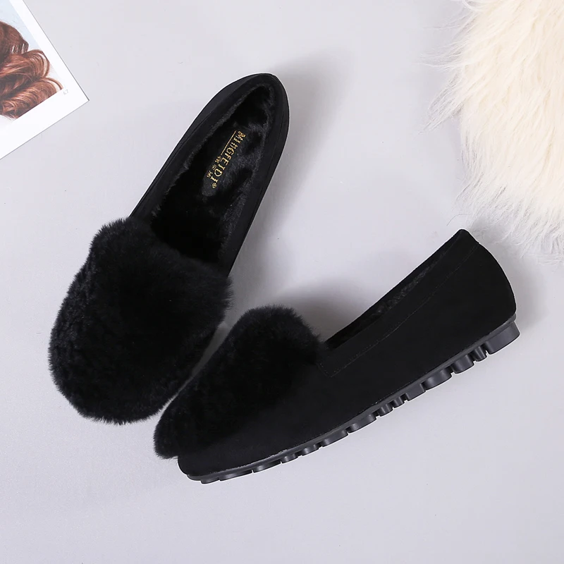 Winter Shoes Woman Flats Rabbit Fluffy Fur Faux Suede Leather Warm Loafers Soft Sole Roll Egg Peas Ballet Flat Mother Shoes