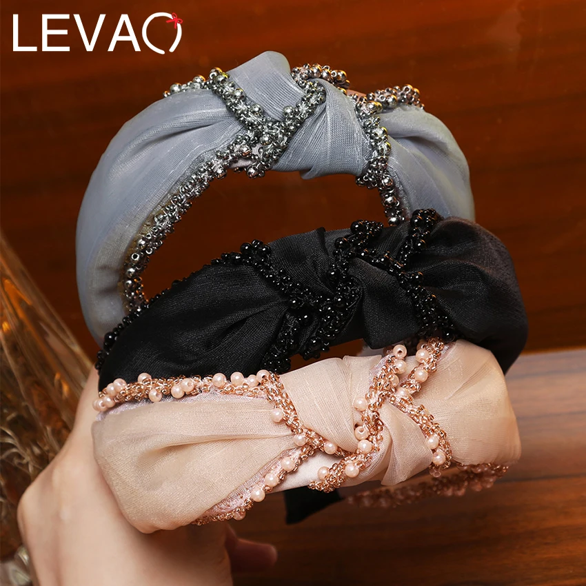 

Levao Women Hairband Wide Beaded Bands Knotted Headband Hair Accessories for Girls Solid Color Cotton Plastic Hair Hoop Bands